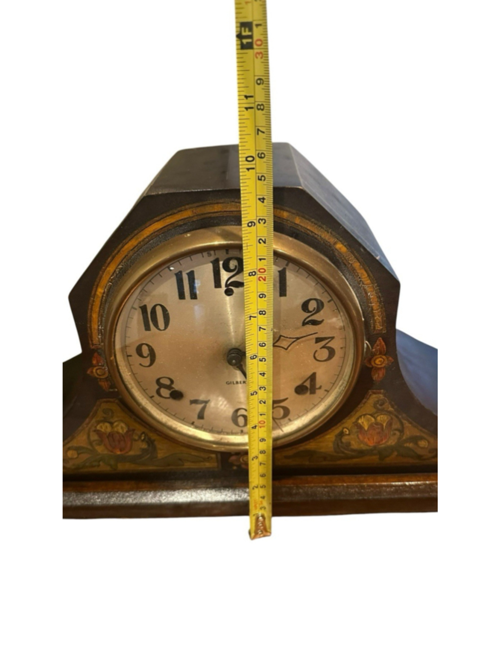 Antique Gilbert Mantel Clock Wooden Case Floral Art Deco Shelf Clock - Picture 4 of 5